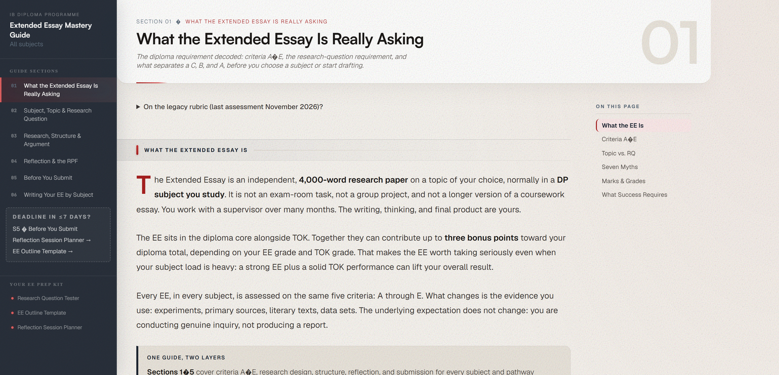 Extended Essay Mastery Guide sections and prep-kit tools for every DP subject.